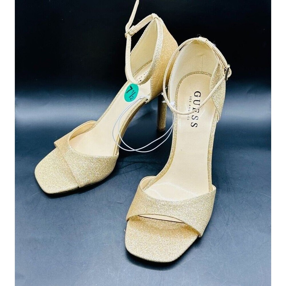 Guess Los Angeles Shoes Women 7.5 Glitter Heels Open Toe Strap Ankles Gold logo
